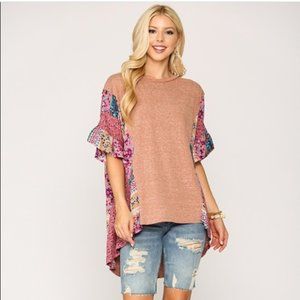 GIGIO/UMGEE Short Sleeve Slub Knit Hi-Low Top